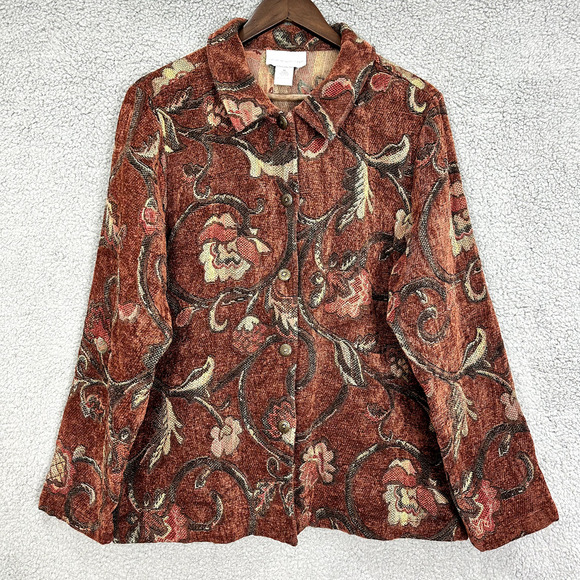 Susan Graver Button Up Shirt Size XL Brown Tapestry Boho Artsy Earthy Whimsigoth - Picture 1 of 8